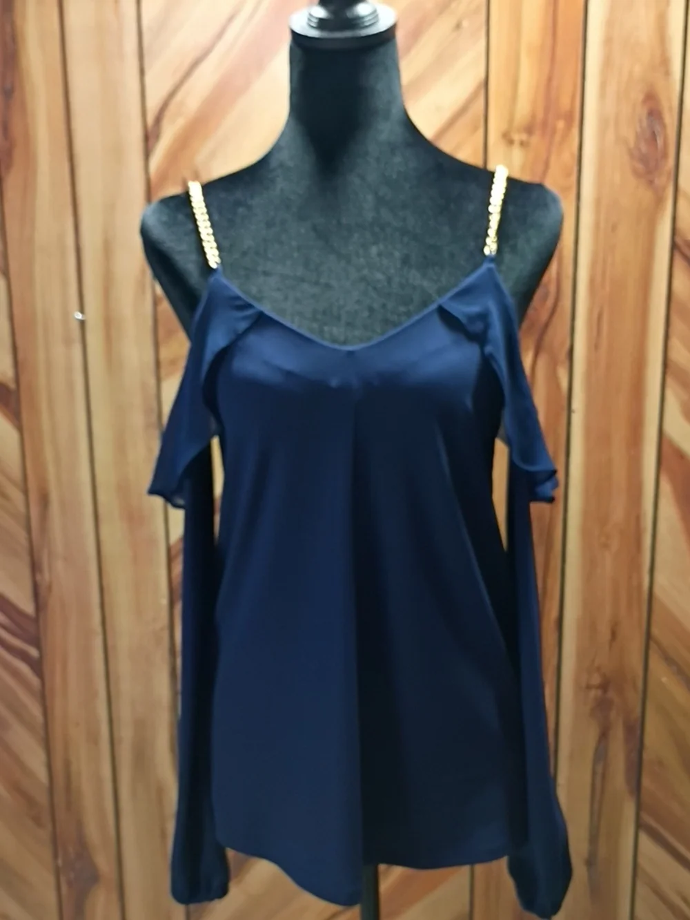 Michael Kors Ruffle Cold Shoulder Gold Chain Top Navy Blue Size S